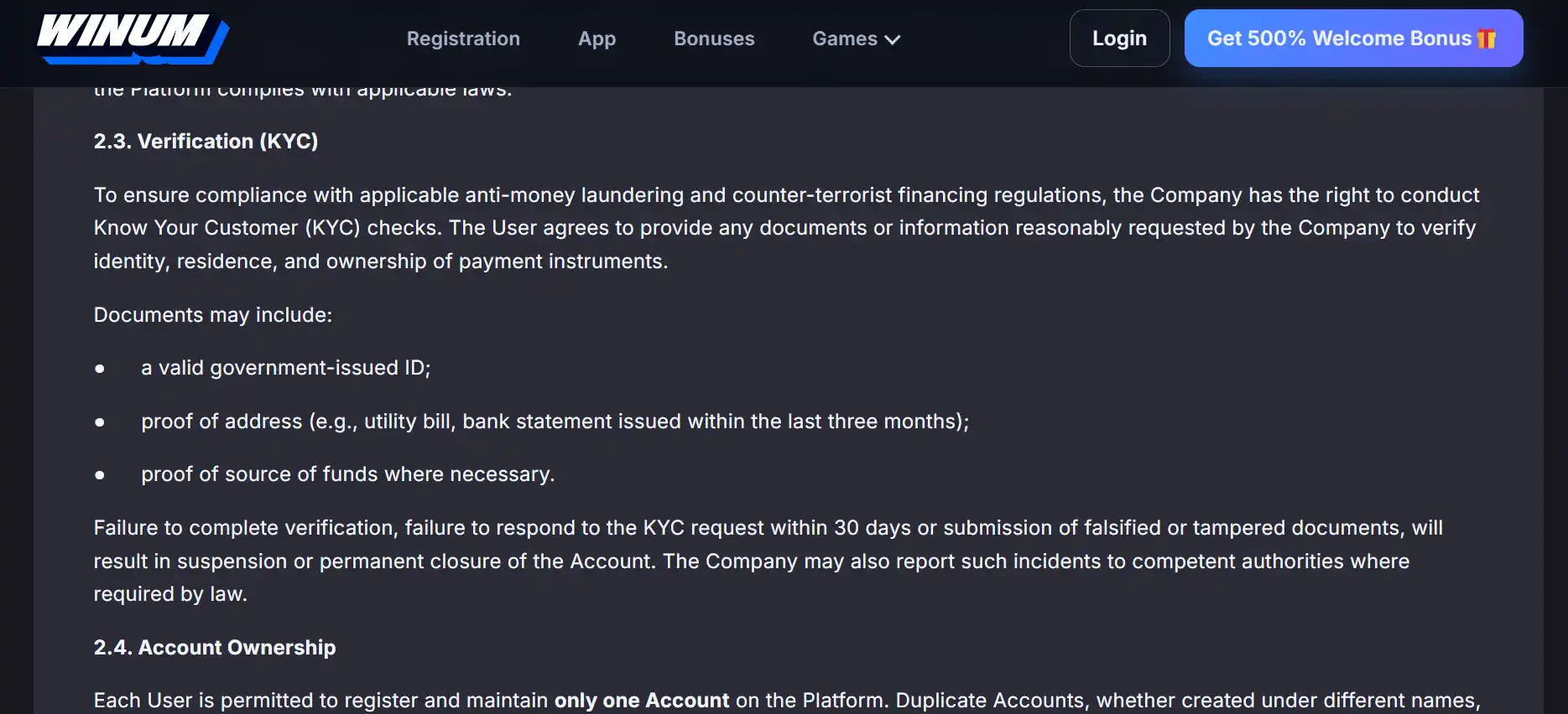 Current Winum KYC and verification instructions