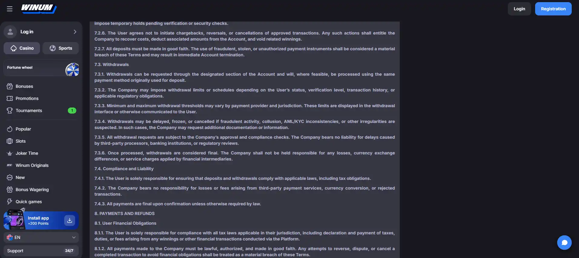 Current Winum withdrawal interface and withdrawal terms