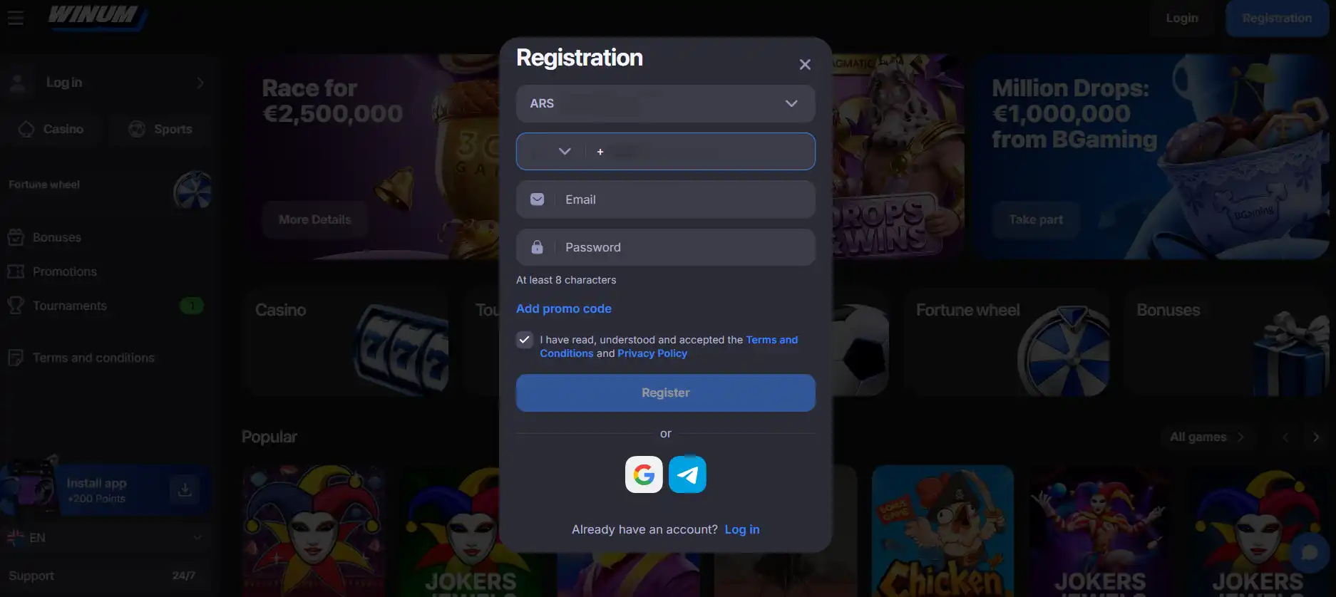 Current Winum registration form and country selector