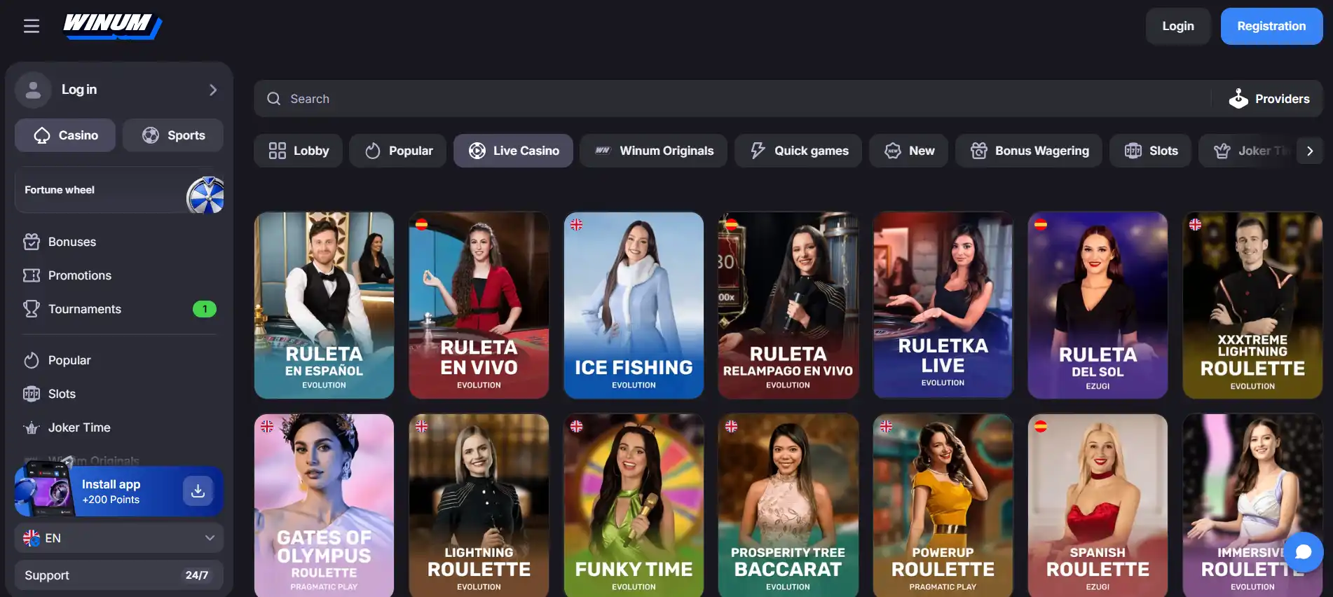 Current Winum live casino lobby and live dealer categories