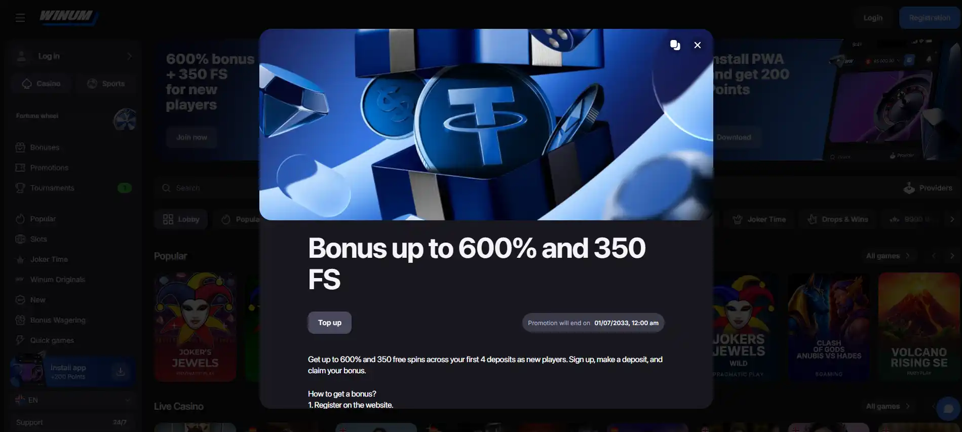 Current Winum bonus page and promotion wording