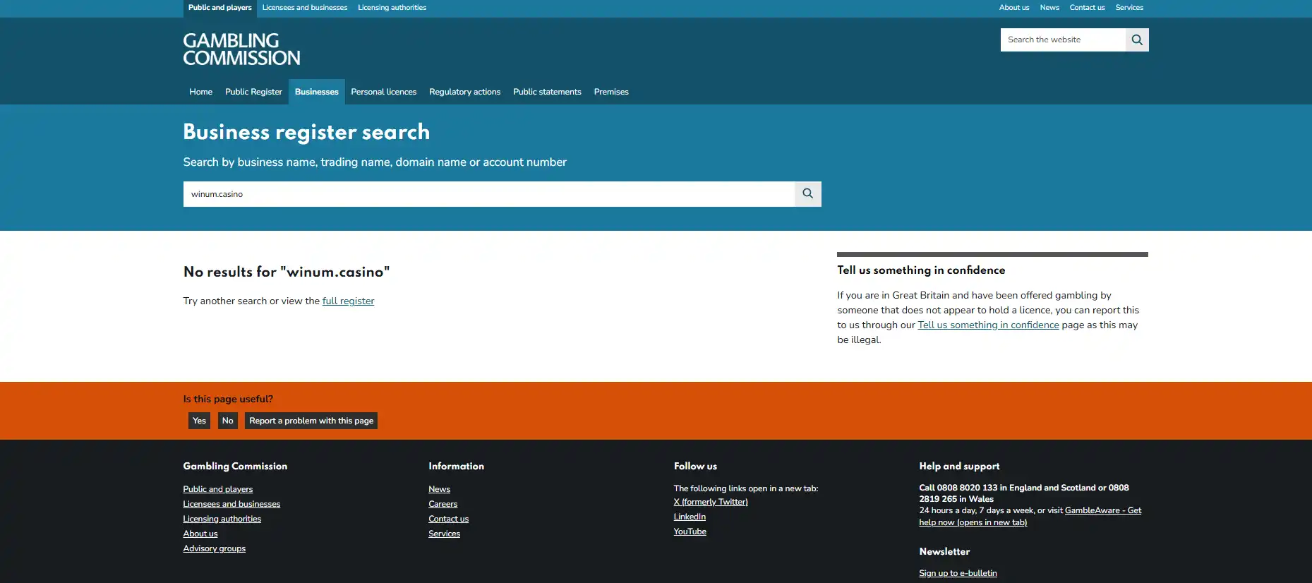 UK Gambling Commission business register results relevant to the Winum licence check