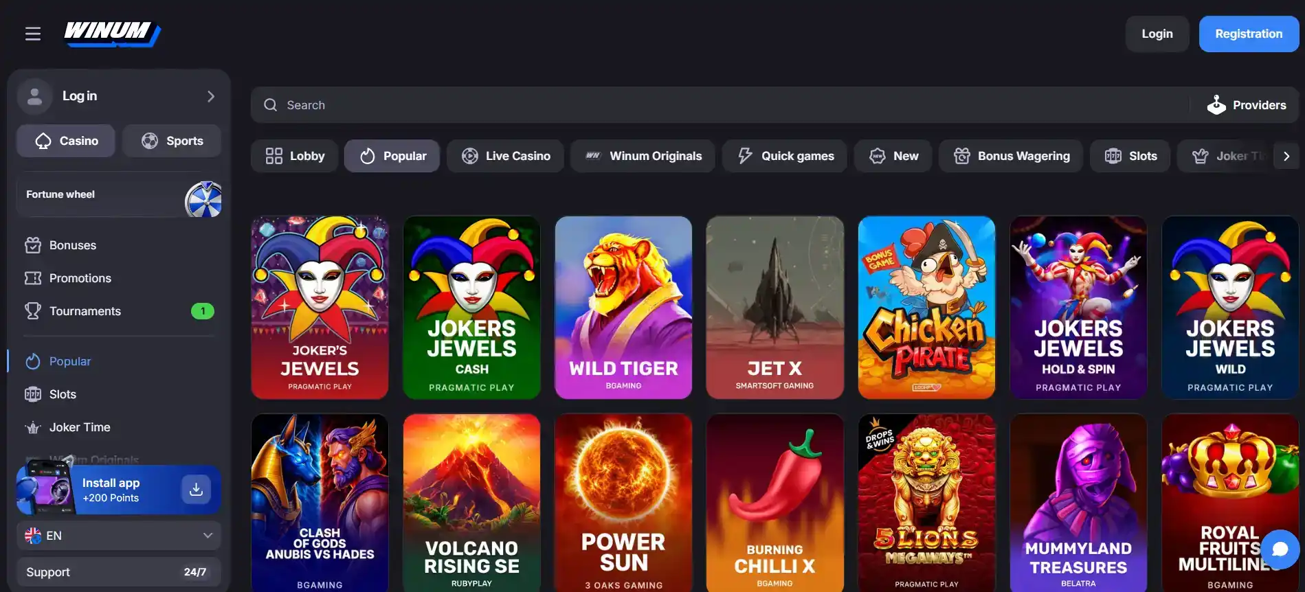 Current Winum games catalogue and category navigation