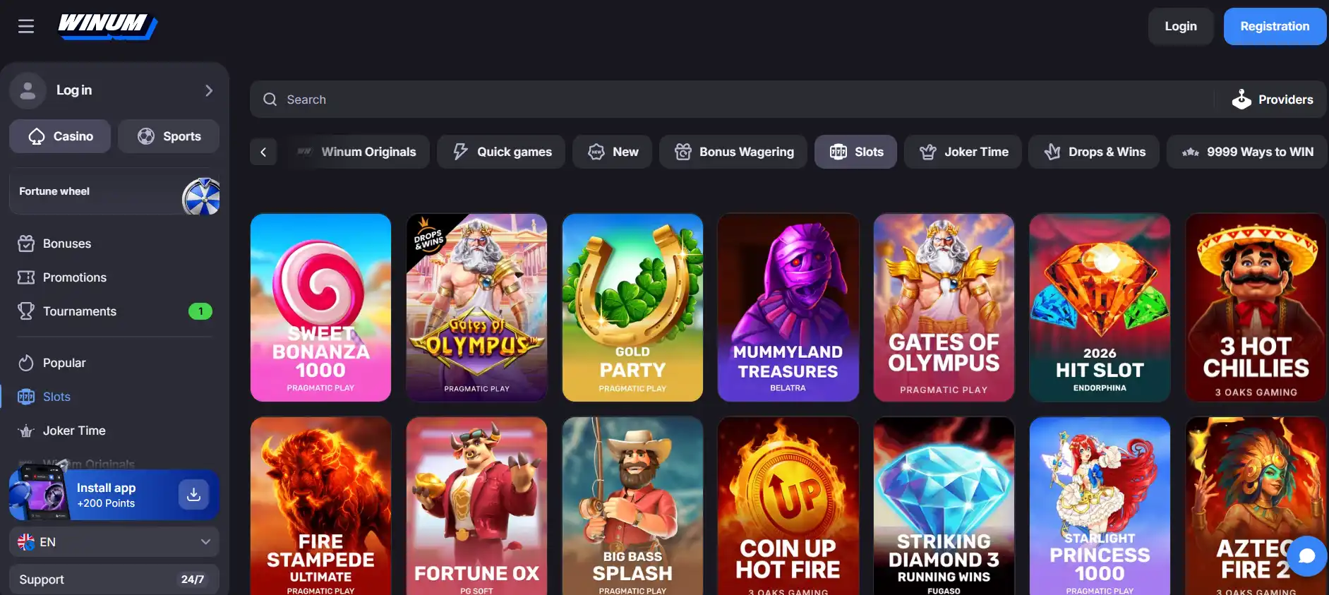 Current Winum slots category and slot grid